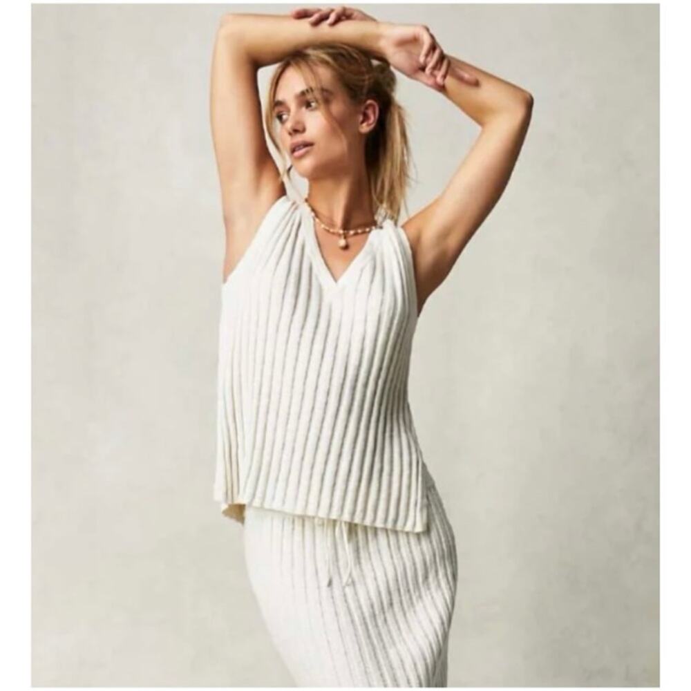 Free People Beach Women’s L Ivory Ribbed Sweater Vest Veda Stretch Knit Relaxed